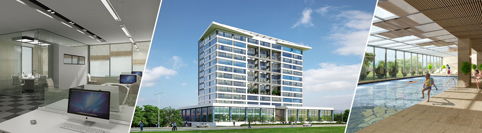 SV Tower — Blok cephesi ve iç mekân kesiti; ofis/lobi görünümü