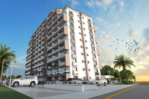 Sea Breeze — Yol tarafından bina cephesi, beyaz arazi aracı ve uçan kuşlar (görselleştirme)