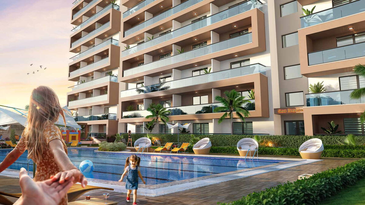 Sea Breeze — Havuz kenarında oynayan çocuklar, arkada balkonlu apartman cephesi görselleştirmesi