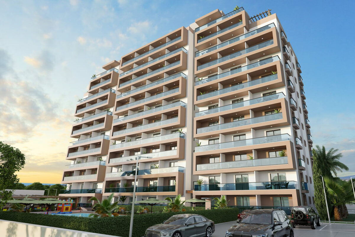 Sea Breeze: on katlı apartman bloğu, kahverengi çerçeveli balkonlar ve önde otopark (görselleştirme)