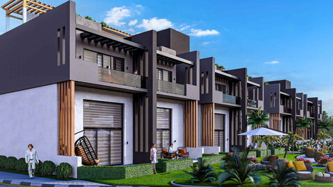 Sky Diora — Bahçeli villa sırası, salıncak sandalye ve şemsiyeli oturma alanı (görselleştirme)
