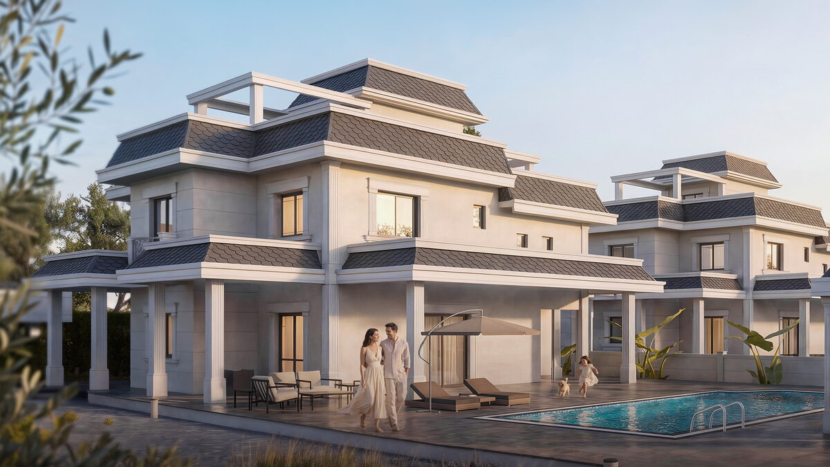 La Palazzo — Gri kiremit çatılı iki katlı villa ve havuz başında duran çift (görselleştirme)