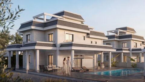 La Palazzo — Gri kiremit çatılı iki katlı villa ve havuz başında duran çift (görselleştirme)