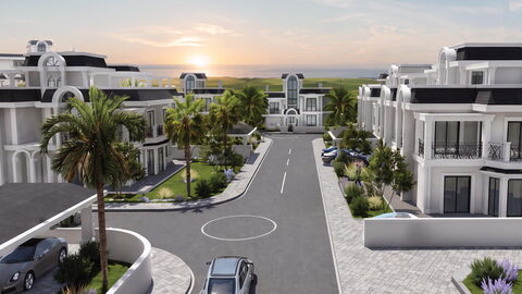 La Palazzo — Havadan site içi yol ve göbek, iki yanda beyaz villalar, ufukta deniz (görselleştirme)