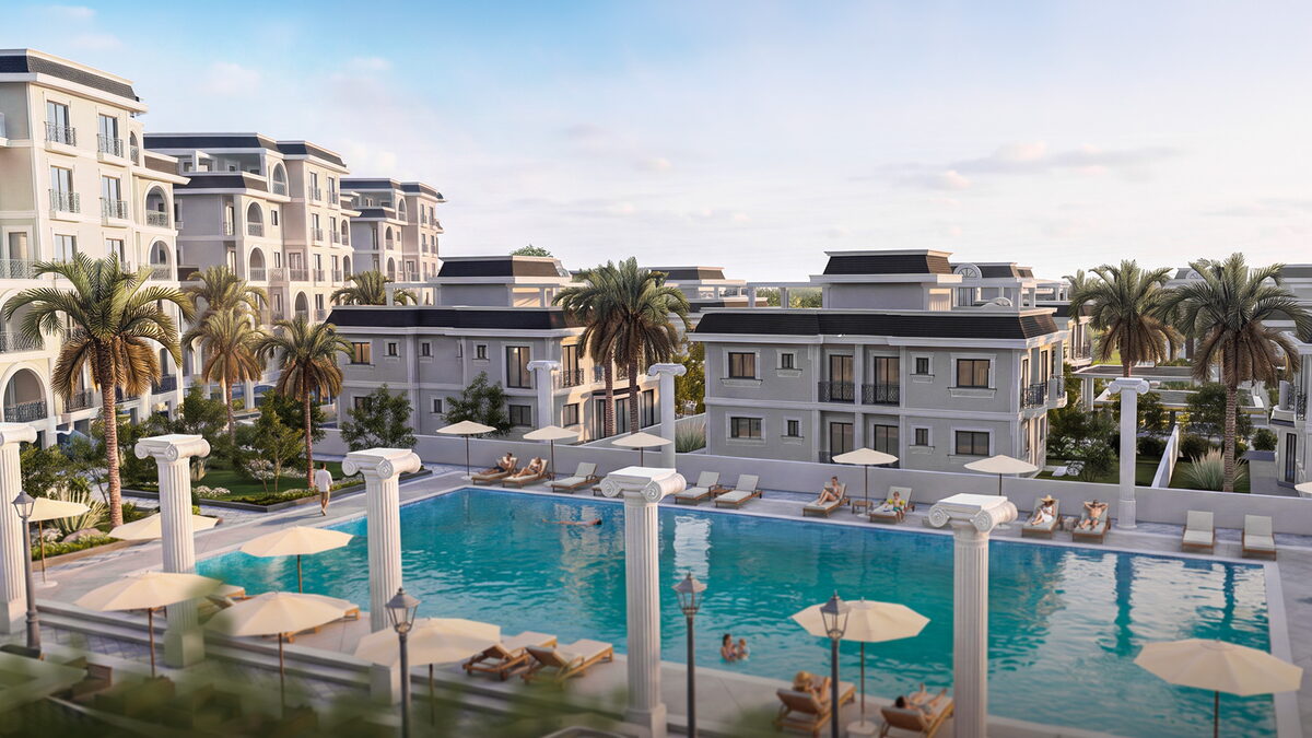 La Palazzo — Sütunlu havuz alanı, şemsiyeler ve arkada beyaz villa sıraları görselleştirmesi