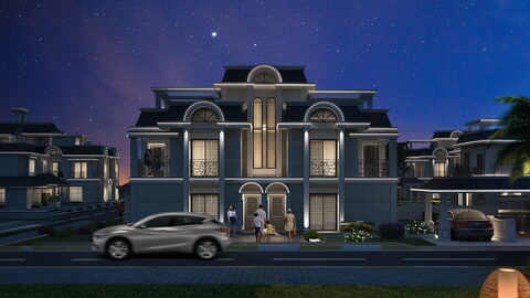 La Palazzo — Gece ışıklandırmasıyla kemerli pencereli lacivert cepheli villa (görselleştirme)