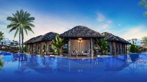 Four Seasons 3 — Kabinen mit Schilfdach und Palmen mitten im Pool Visualisierung
