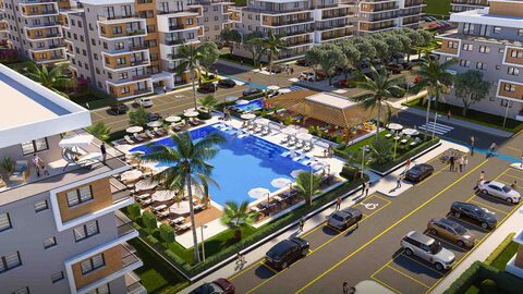 Olea Residence — Havadan havuz ve şezlong alanı, yanında otopark ve bloklar (görselleştirme)