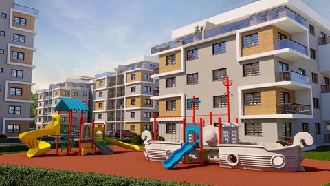 Olea Residence — Çocuk oyun alanı: kaydıraklar ve gemi biçimli oyun düzeneği, arkada blok cephesi görselleştirmesi