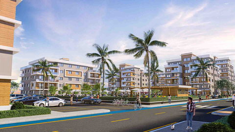 Olea Residence — Site içi cadde: palmiyeler, bisiklet yolu ve iki yanda apartman blokları (görselleştirme)