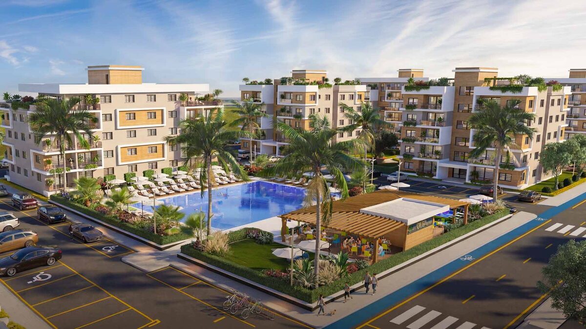 Olea Residence — Havadan havuzlu ortak alan, palmiyeler ve çevresindeki dört katlı bloklar (görselleştirme)