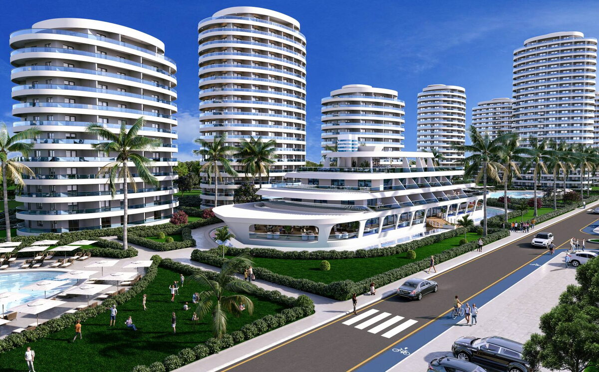 Ocean Life Residence — Kavisli cepheli yüksek kuleler, palmiyeli peyzaj ve ortadaki gemi biçimli yapı görselleştirmesi