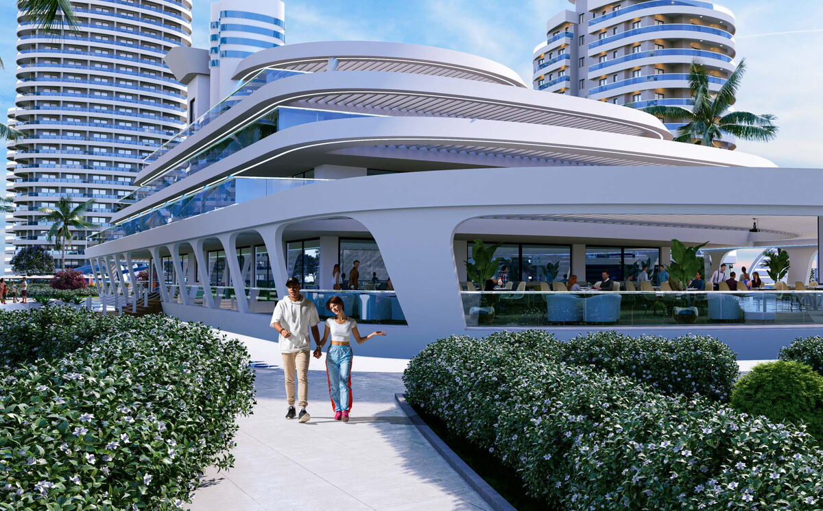 Ocean Life Residence: gemi biçimli ortak yapı önünde yürüyen çift, arkada kavisli kuleler (görselleştirme)