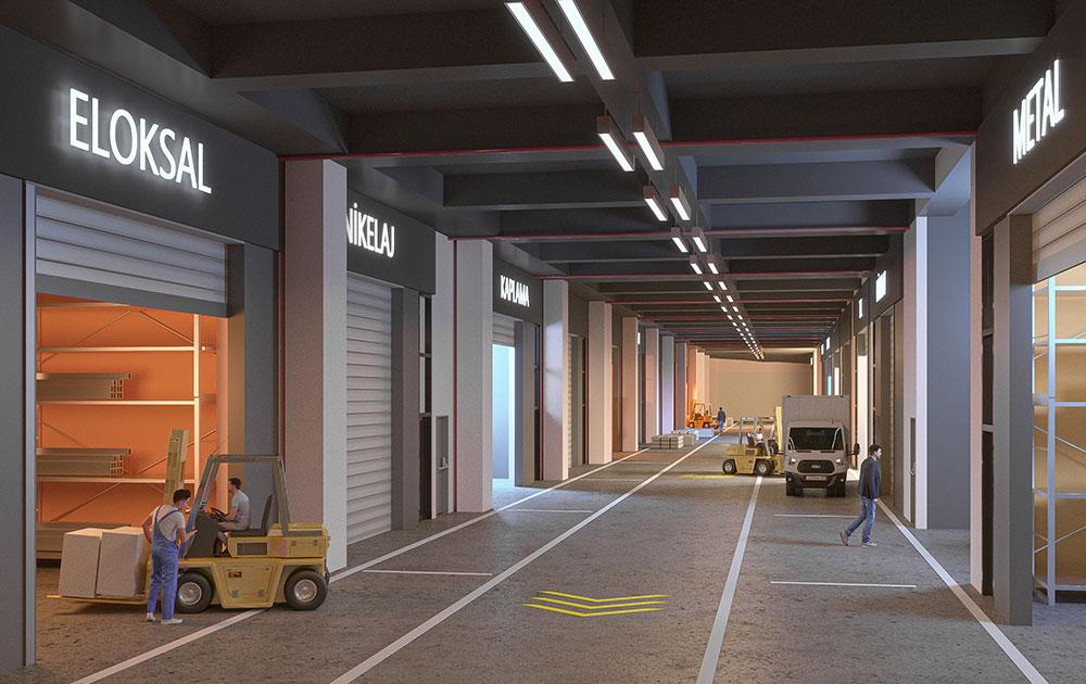 Gece aydınlatmalı iç koridorda ELOKSAL ve METAL kepenkleri karşılıklı sıralanıyor; bir işçi forkliftle kutuları taşıyor…