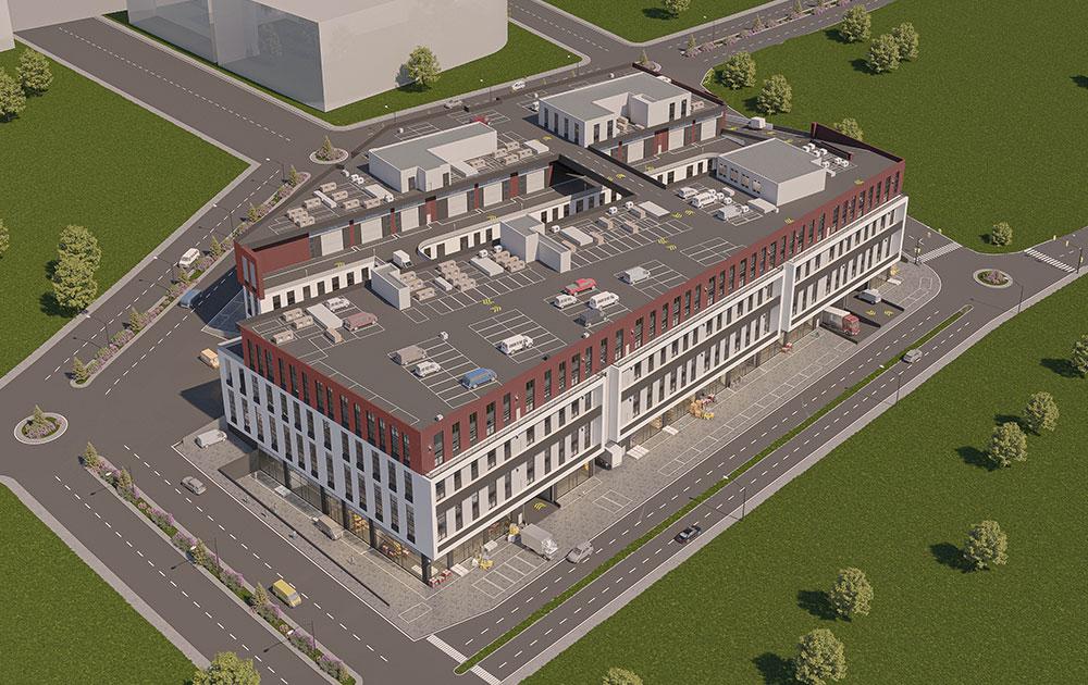 Kuşbakışı görünüm; ticaret merkezi blokları ve çevresindeki yollar